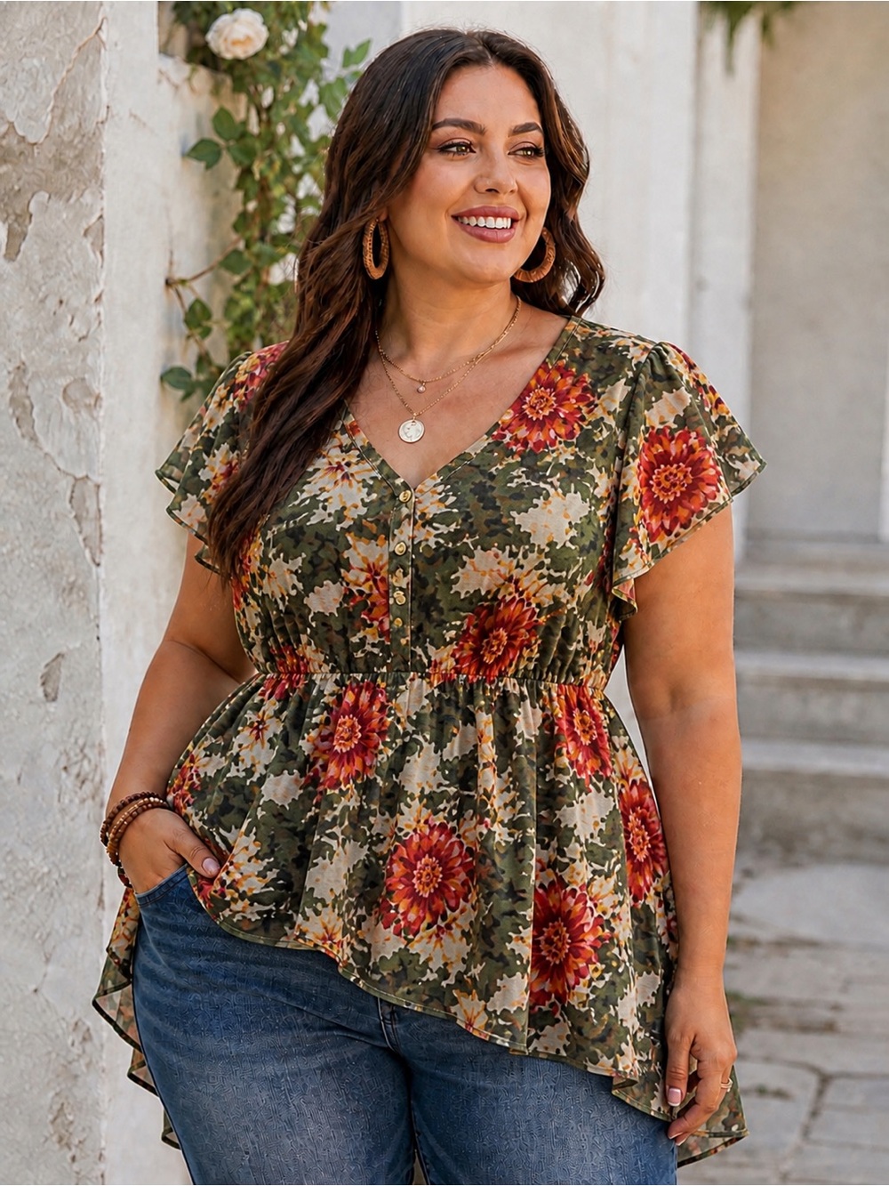 Love J - Olive Camo Floral - Flutter Sleeve Shirt - 3X